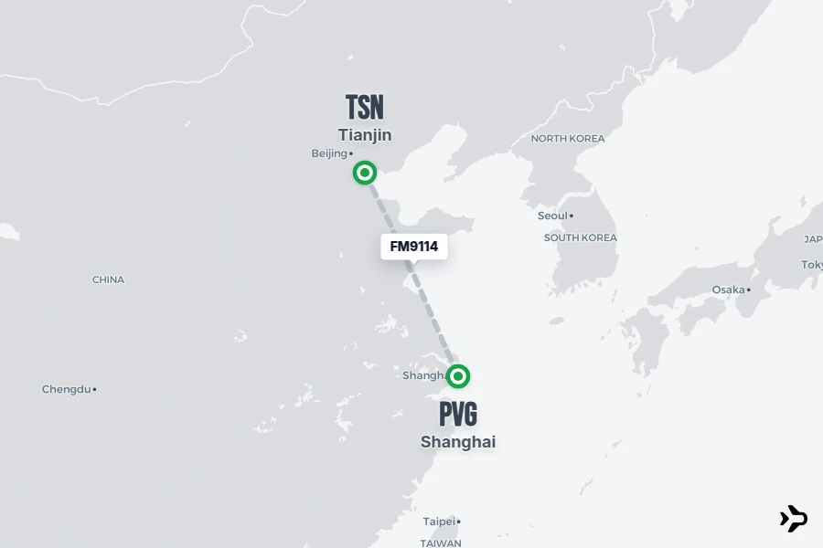 FM9114 flight map from TSN to PVG