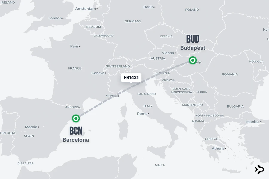 FR1421 flight map from BCN to BUD