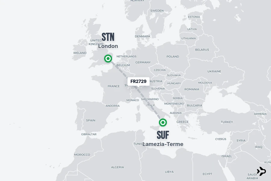 FR2729 flight map from SUF to STN