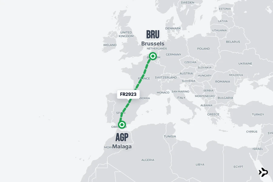 FR2923 flight map from BRU to AGP
