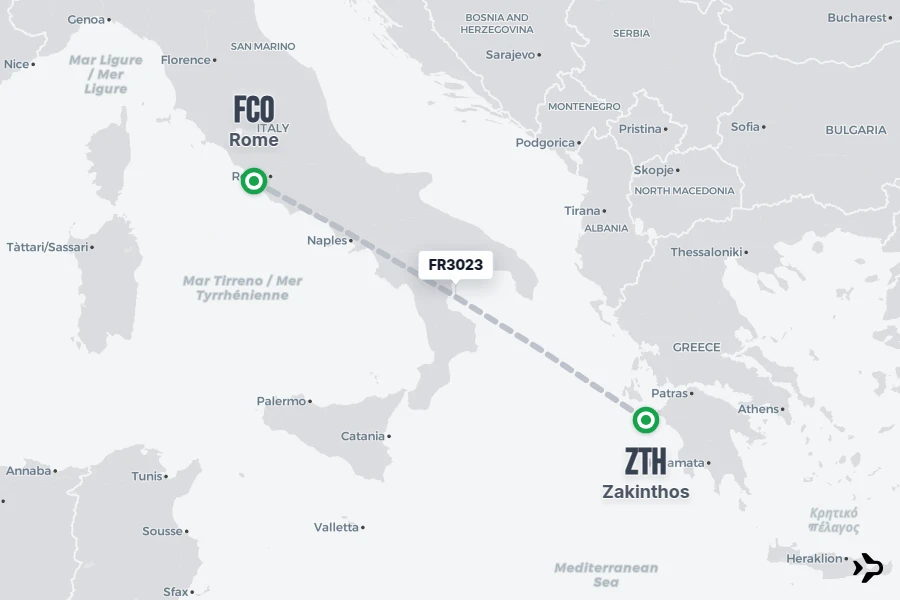 FR3023 flight map from ZTH to FCO