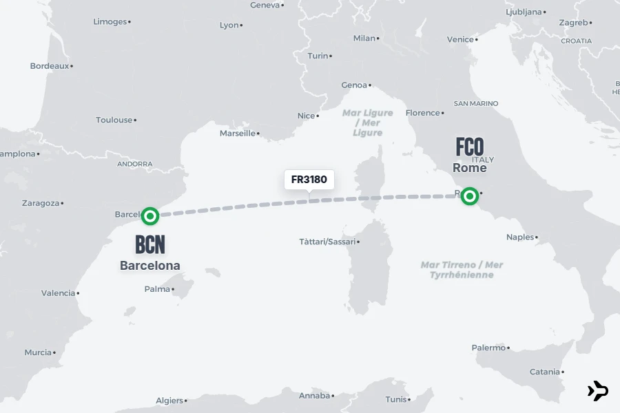 Flight Rime FR3180 Ryanair Flight Status & Tracker | Barcelona - Rome