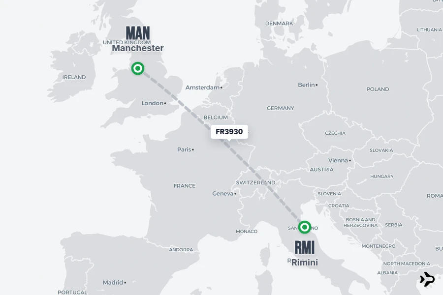FR3930 flight map from MAN to RMI