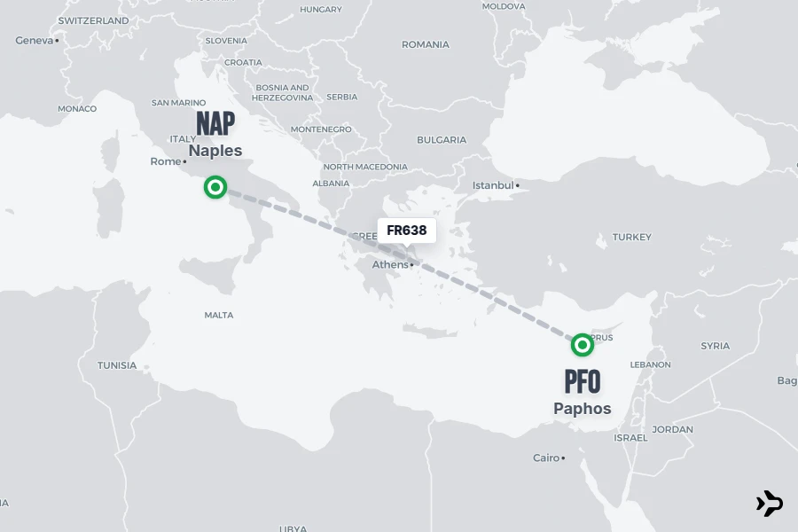 FR638 flight map from NAP to PFO
