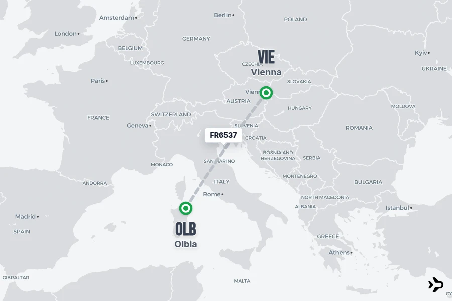 FR6537 flight map from OLB to VIE