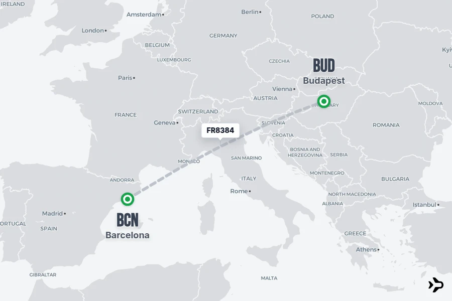 FR8384 flight map from BCN to BUD
