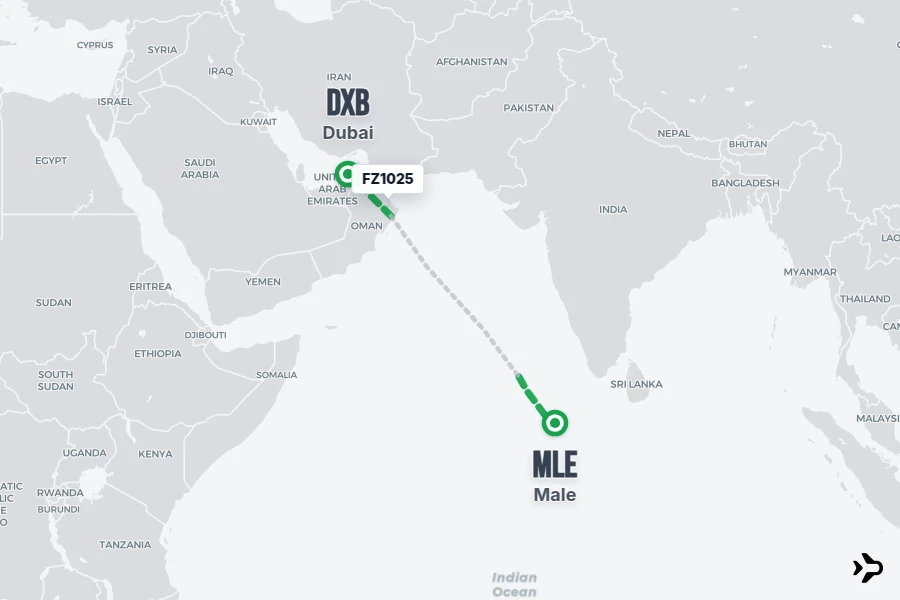FZ1025 flight map from DXB to MLE
