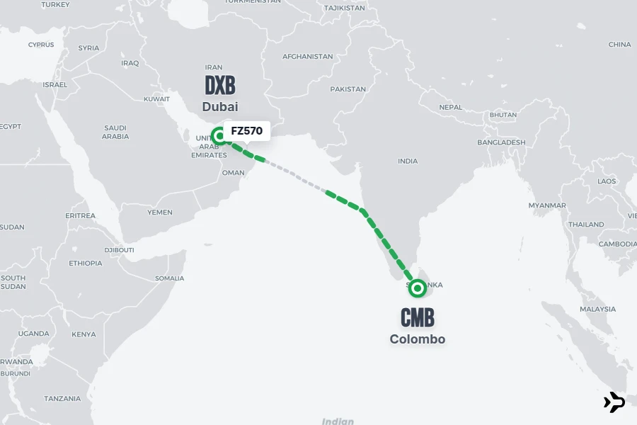 FZ570 flight map from CMB to DXB