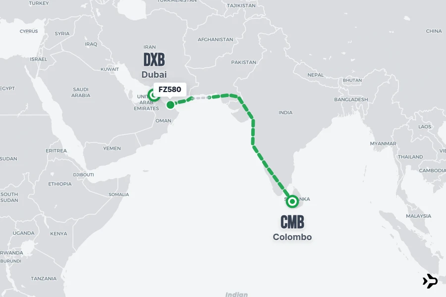 FZ580 flight map from CMB to DXB