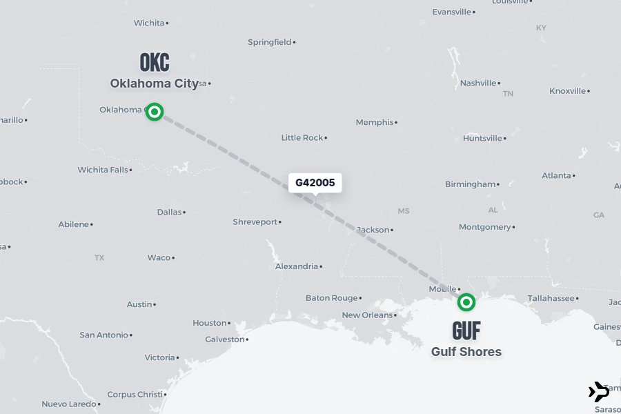 G42005 flight map from OKC to GUF