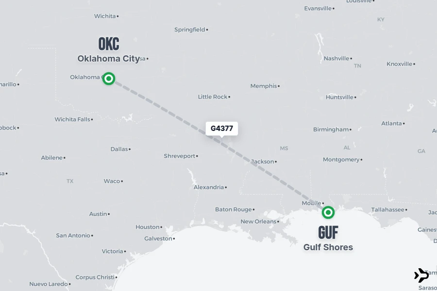 G4377 flight map from OKC to GUF
