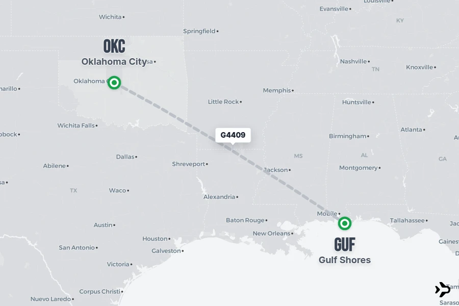 G4409 flight map from OKC to GUF