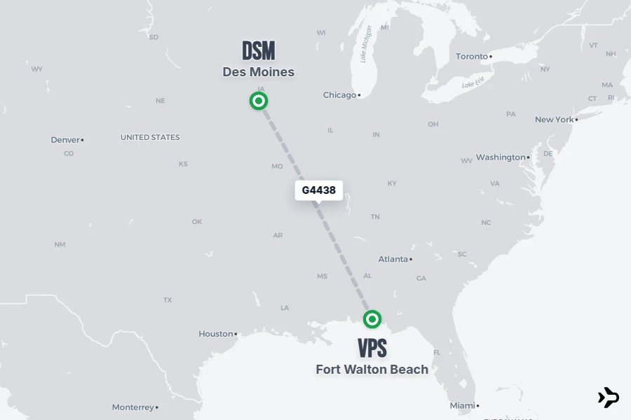 G4438 flight map from DSM to VPS