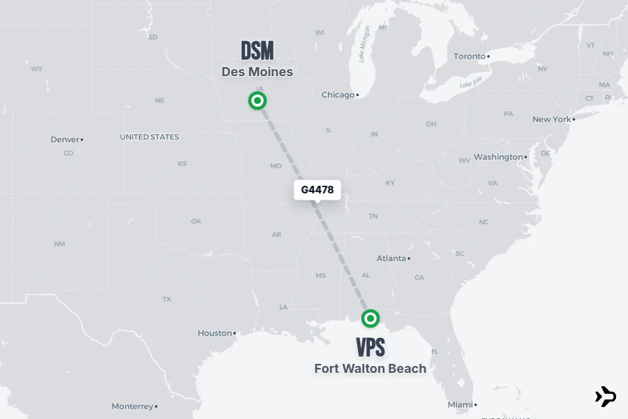 G4478 flight map from DSM to VPS