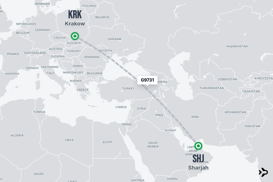 G9731 flight map from KRK to SHJ