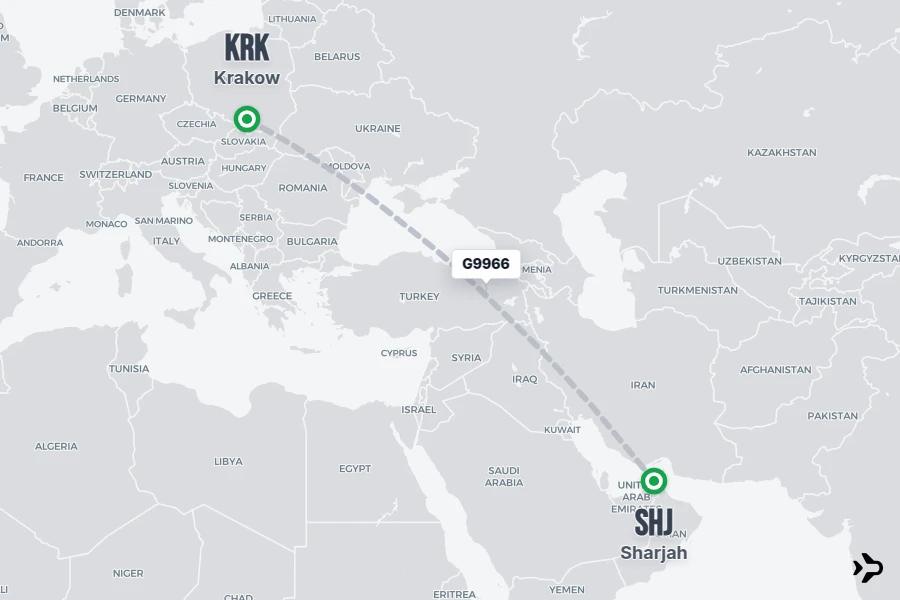 G9966 flight map from KRK to SHJ