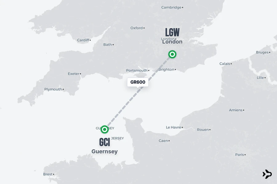 GR600 flight map from GCI to LGW