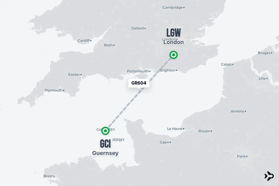GR604 flight map from GCI to LGW