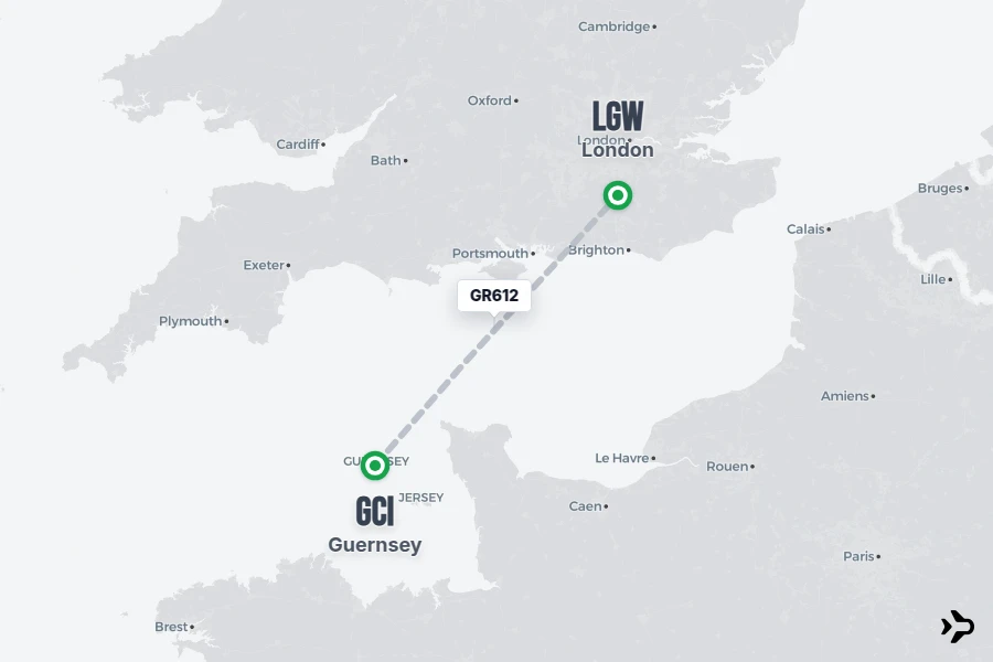 GR612 flight map from GCI to LGW