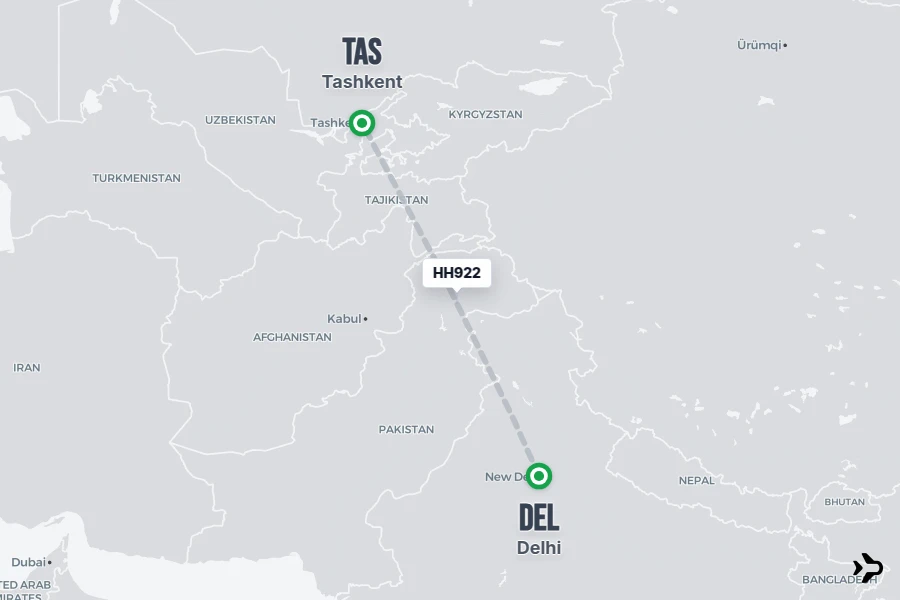 HH922 flight map from DEL to TAS
