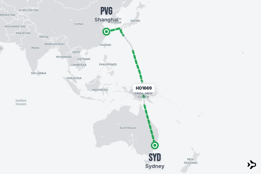HO1669 flight map from PVG to SYD