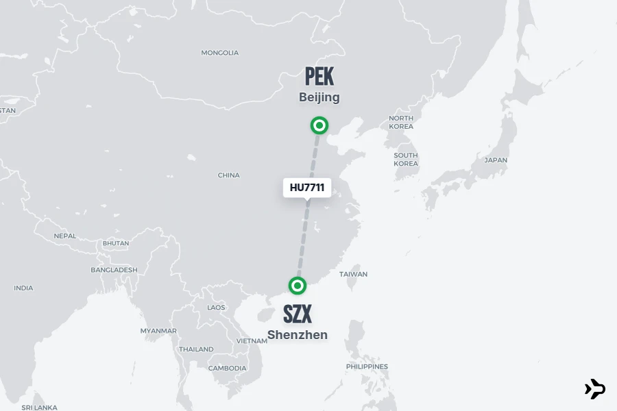 HU7711 flight map from PEK to SZX