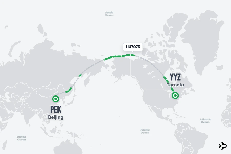 HU7975 flight map from PEK to YYZ