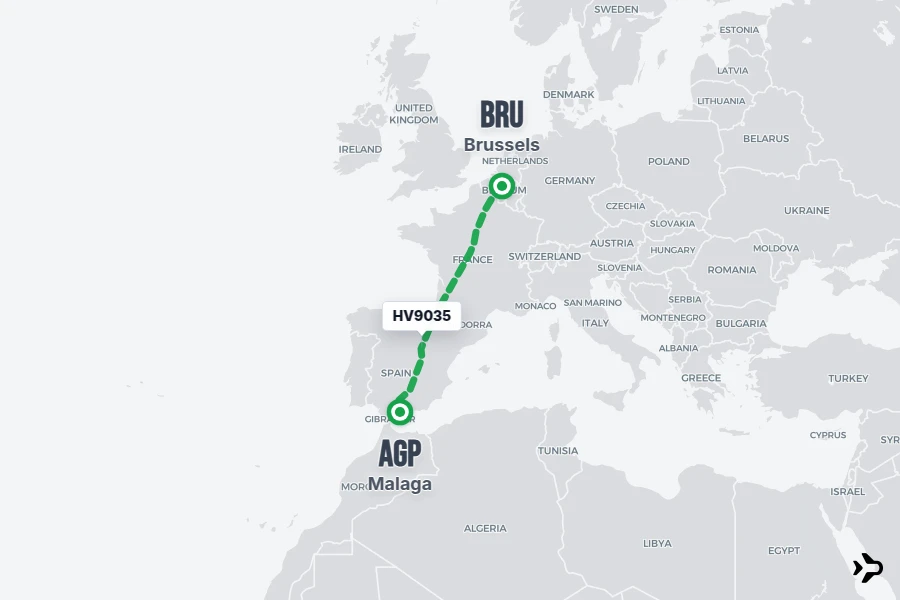 HV9035 flight map from BRU to AGP