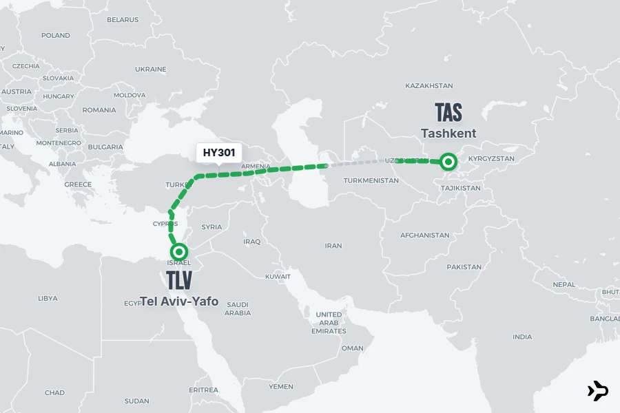 HY301 flight map from TAS to TLV