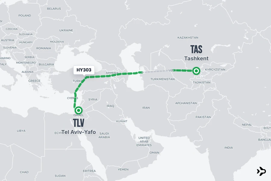 HY303 flight map from TAS to TLV
