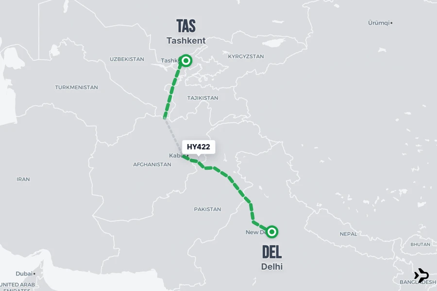 HY422 flight map from DEL to TAS