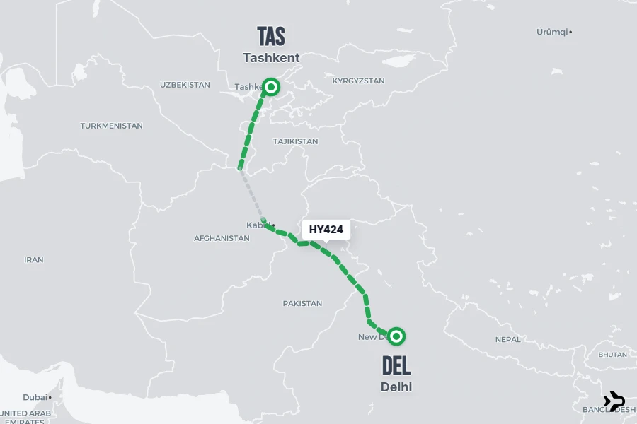 HY424 flight map from DEL to TAS