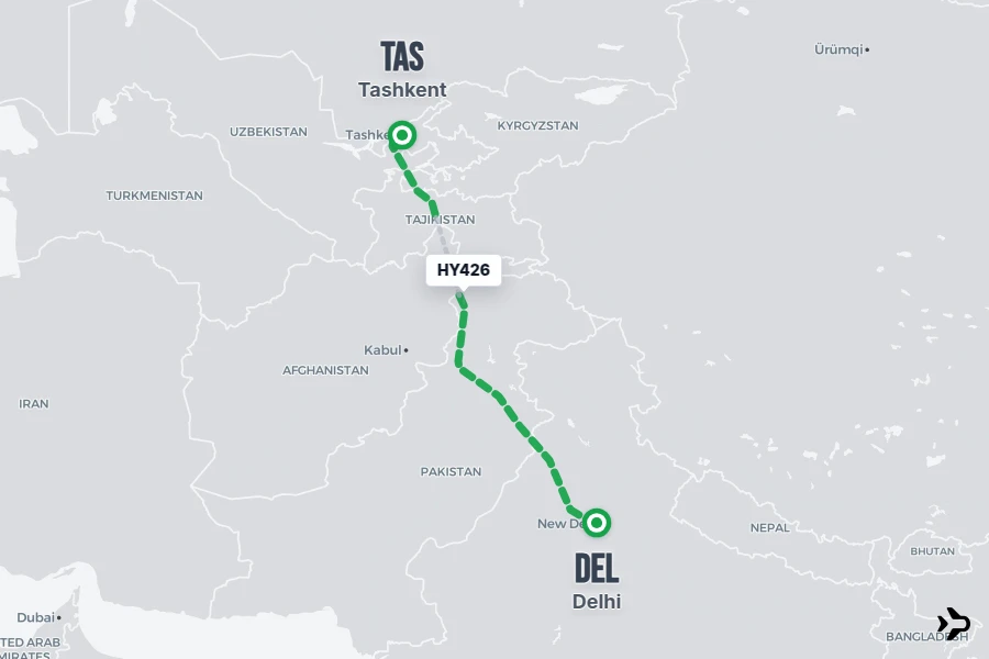 HY426 flight map from DEL to TAS