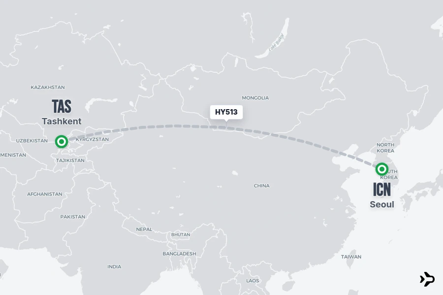 HY513 flight map from TAS to ICN