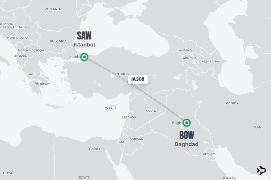 IA308 flight map from SAW to BGW