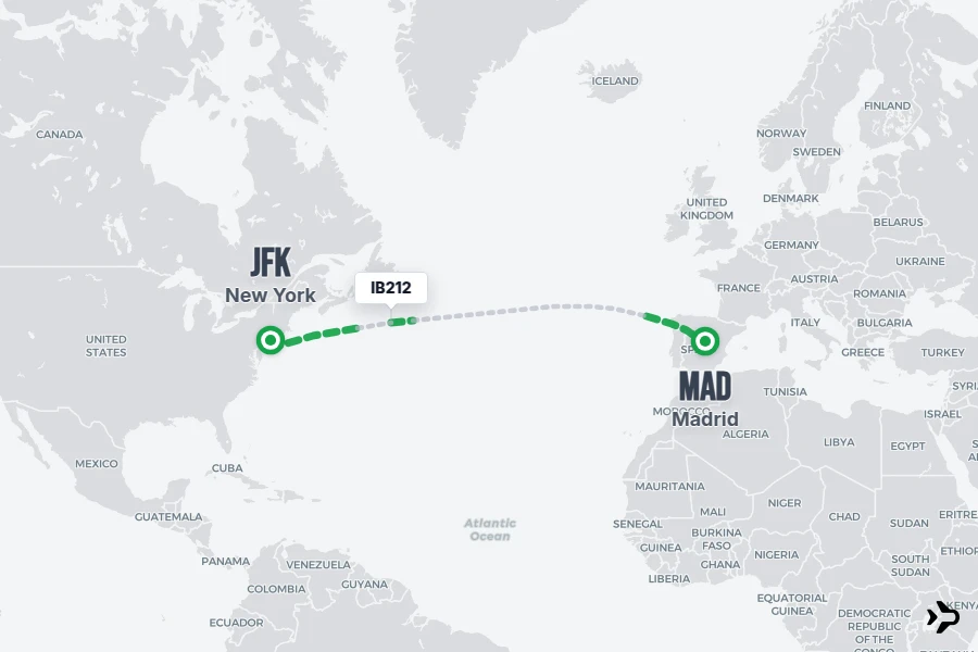 IB212 flight map from JFK to MAD