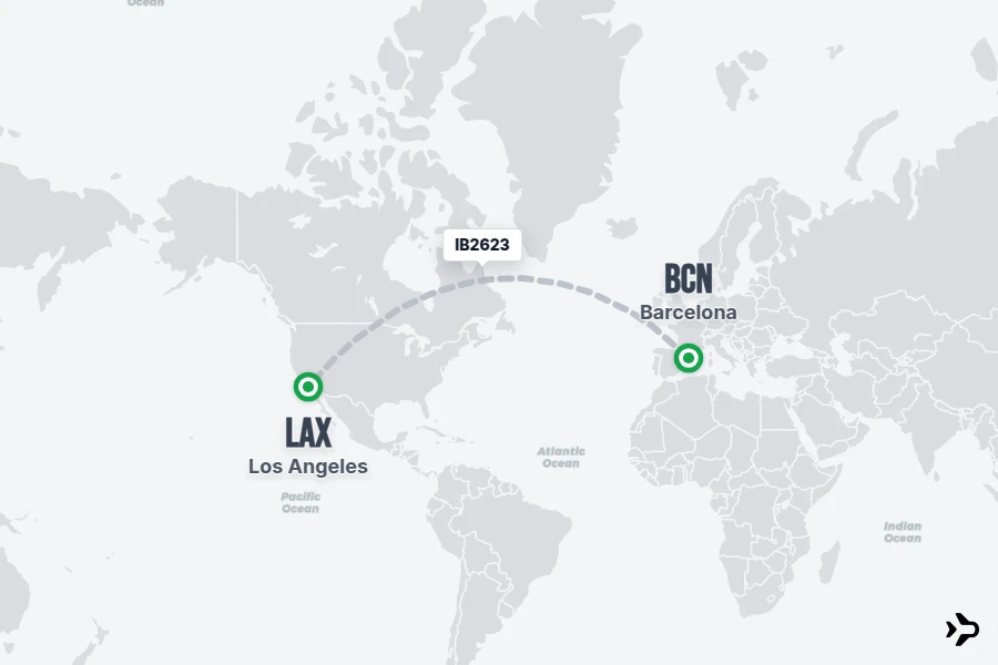 IB2623 flight map from BCN to LAX