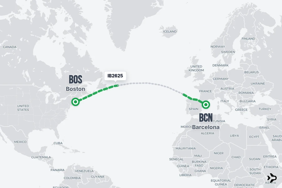 IB2625 flight map from BCN to BOS