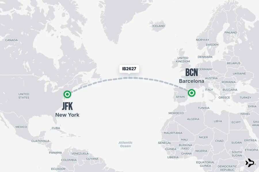 IB2627 flight map from BCN to JFK