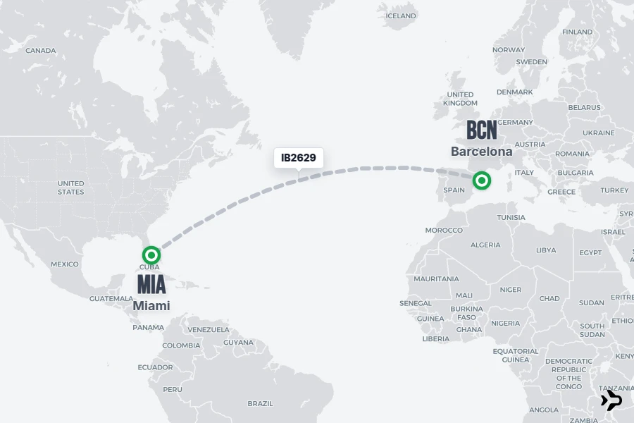 IB2629 flight map from BCN to MIA