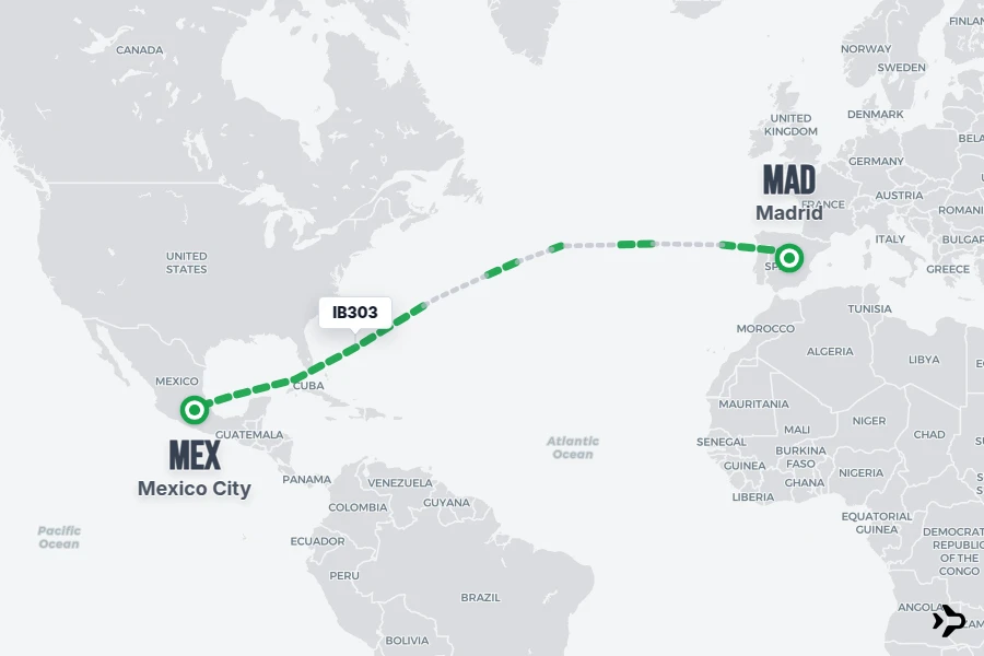 IB303 flight map from MAD to MEX