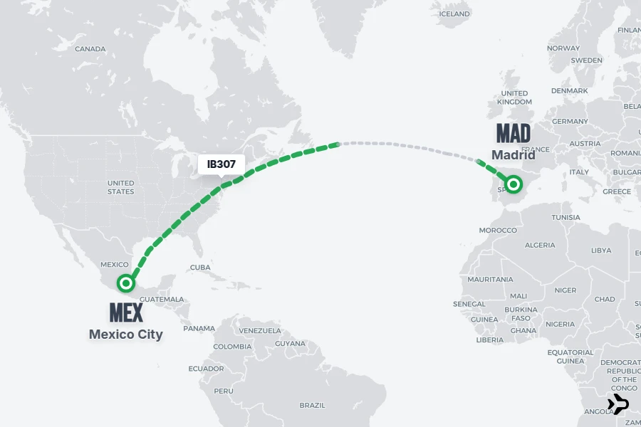 IB307 flight map from MAD to MEX