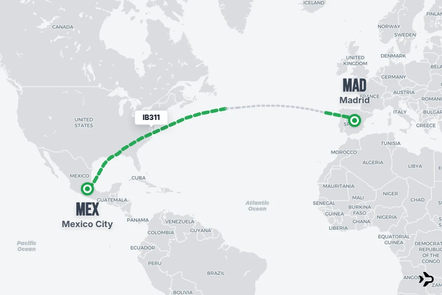 IB311 flight map from MAD to MEX