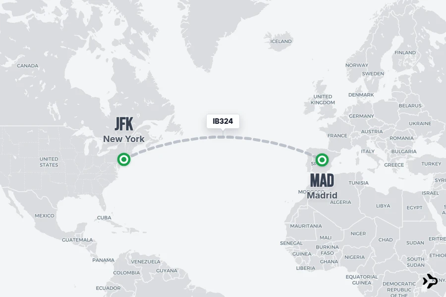 IB324 flight map from JFK to MAD