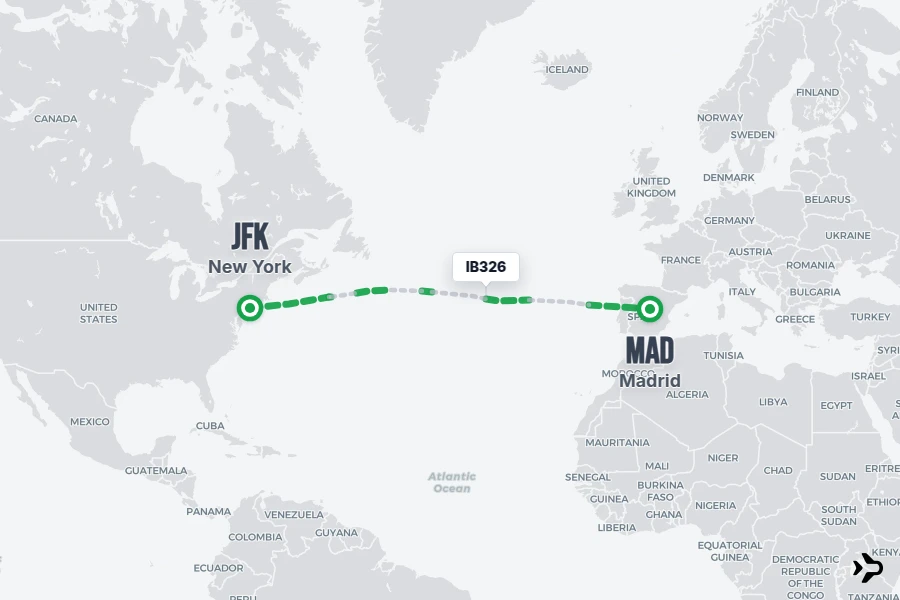 IB326 flight map from JFK to MAD