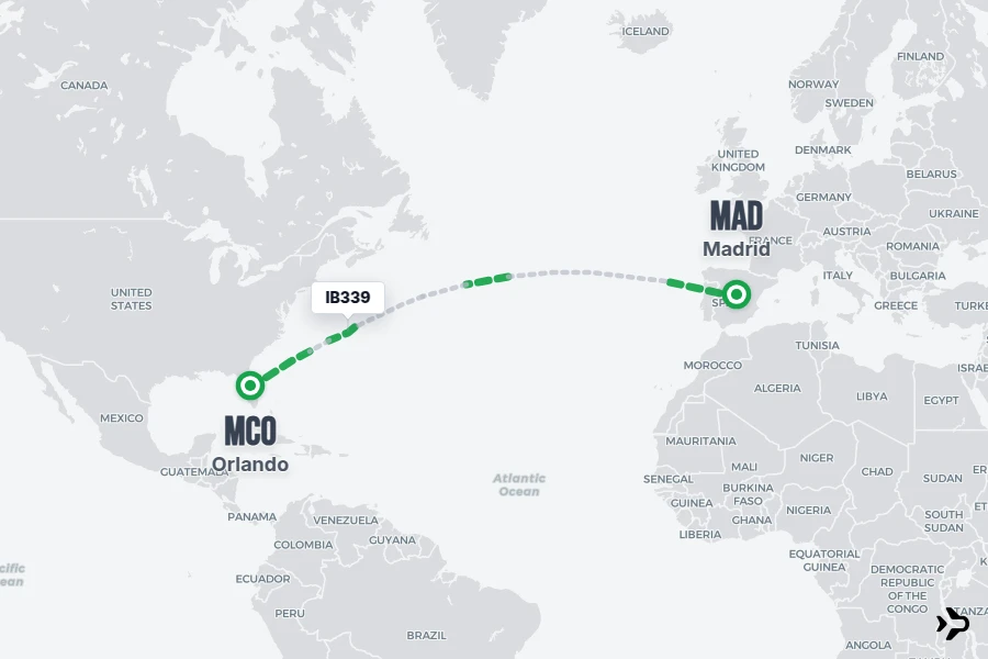 IB339 flight map from MAD to MCO