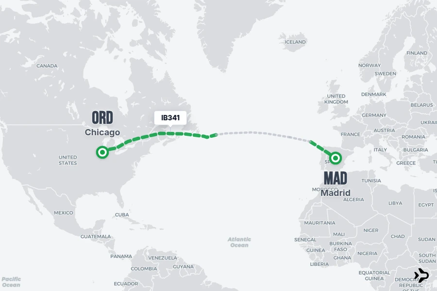 IB341 flight map from MAD to ORD