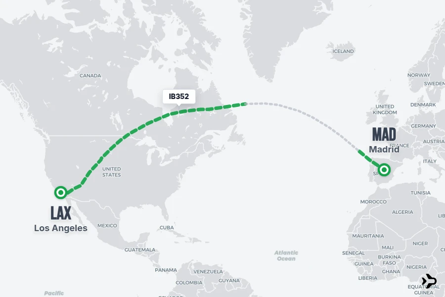 IB352 flight map from LAX to MAD