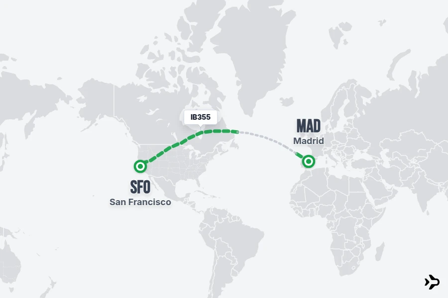 IB355 flight map from MAD to SFO