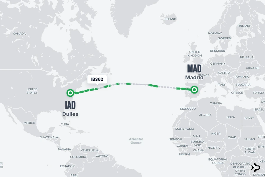 IB362 flight map from IAD to MAD